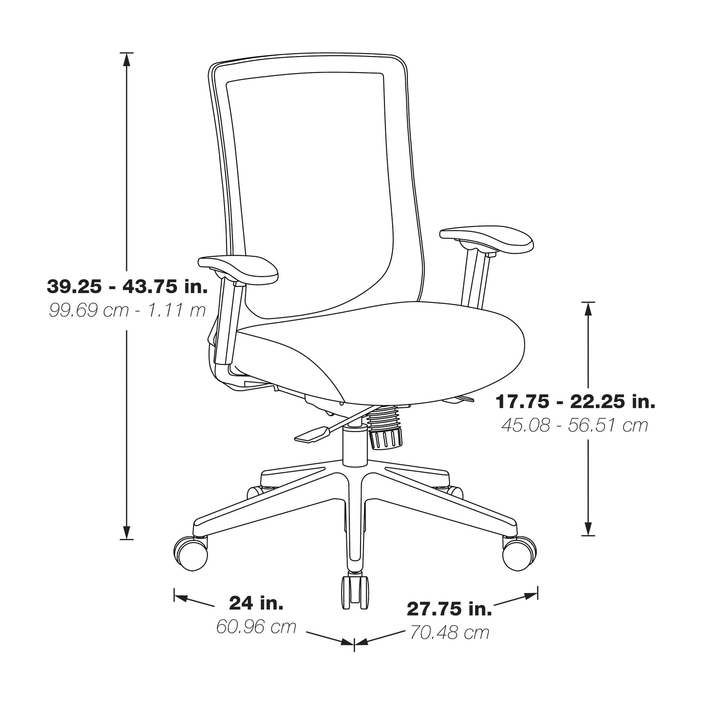 High Back Black Vertical Mesh Chair with Black Bonded
Leather Seat, Height Adjustable Arms, Seat Slider, and Angled Silver Base