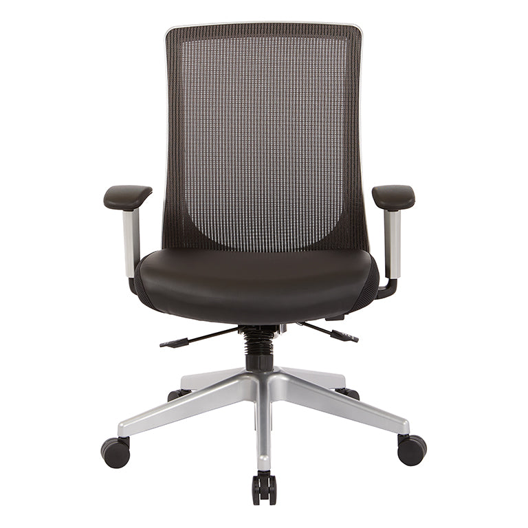 High Back Black Vertical Mesh Chair with Black Bonded
Leather Seat, Height Adjustable Arms, Seat Slider, and Angled Silver Base