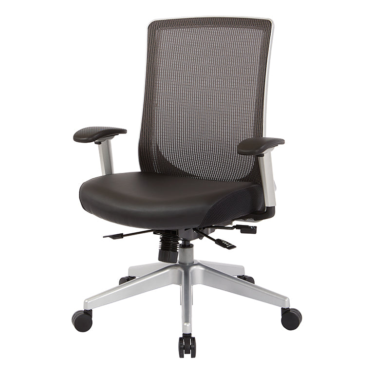 High Back Black Vertical Mesh Chair with Black Bonded
Leather Seat, Height Adjustable Arms, Seat Slider, and Angled Silver Base