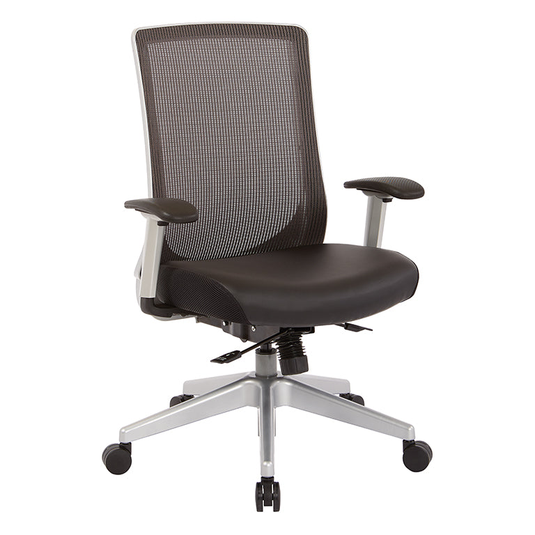 High Back Black Vertical Mesh Chair with Black Bonded
Leather Seat, Height Adjustable Arms, Seat Slider, and Angled Silver Base