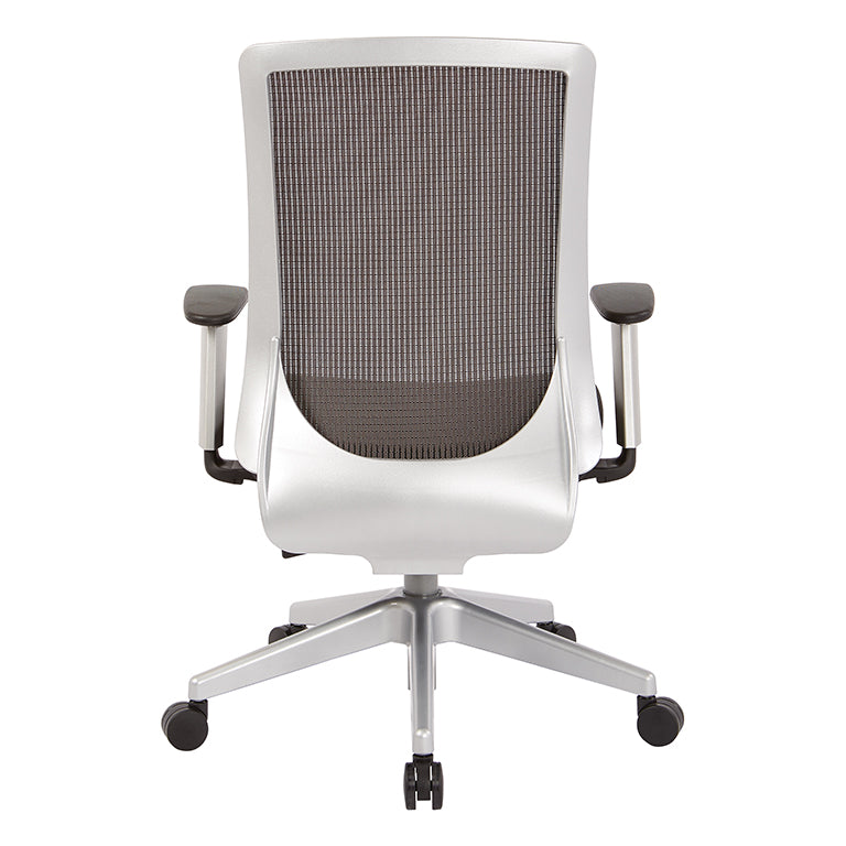 High Back Black Vertical Mesh Chair with Black Bonded
Leather Seat, Height Adjustable Arms, Seat Slider, and Angled Silver Base