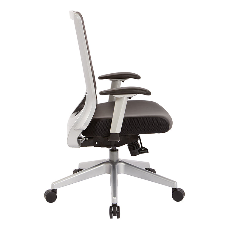 High Back Black Vertical Mesh Chair with Black Bonded
Leather Seat, Height Adjustable Arms, Seat Slider, and Angled Silver Base