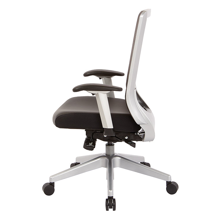 High Back Black Vertical Mesh Chair with Black Bonded
Leather Seat, Height Adjustable Arms, Seat Slider, and Angled Silver Base