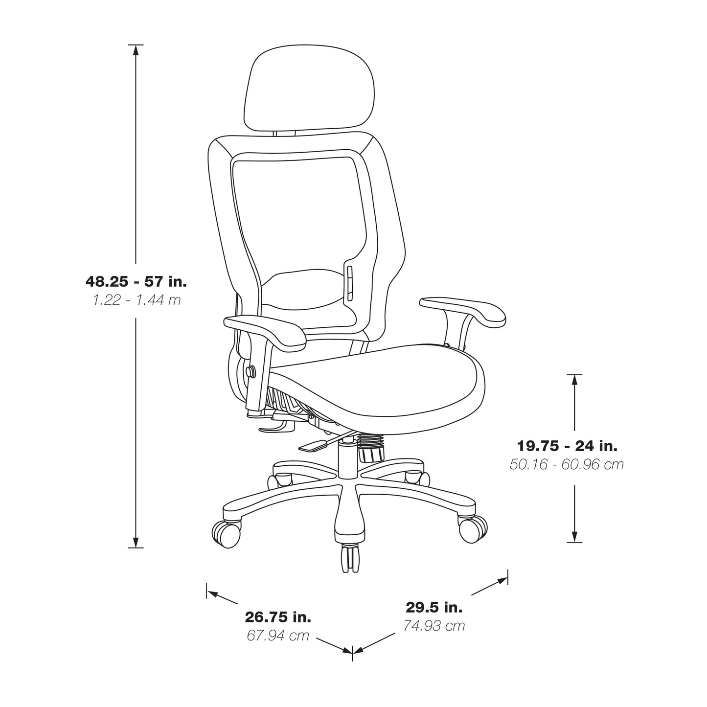Breathable Mesh Seat and Back, Adjustable Headrest, 2-Way
Adjustable Arms, Adjustable Lumbar and Aluminum Silver Base