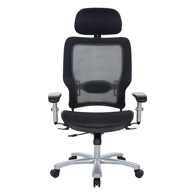 Breathable Mesh Seat and Back, Adjustable Headrest, 2-Way
Adjustable Arms, Adjustable Lumbar and Aluminum Silver Base