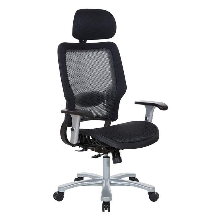 Breathable Mesh Seat and Back, Adjustable Headrest, 2-Way
Adjustable Arms, Adjustable Lumbar and Aluminum Silver Base
