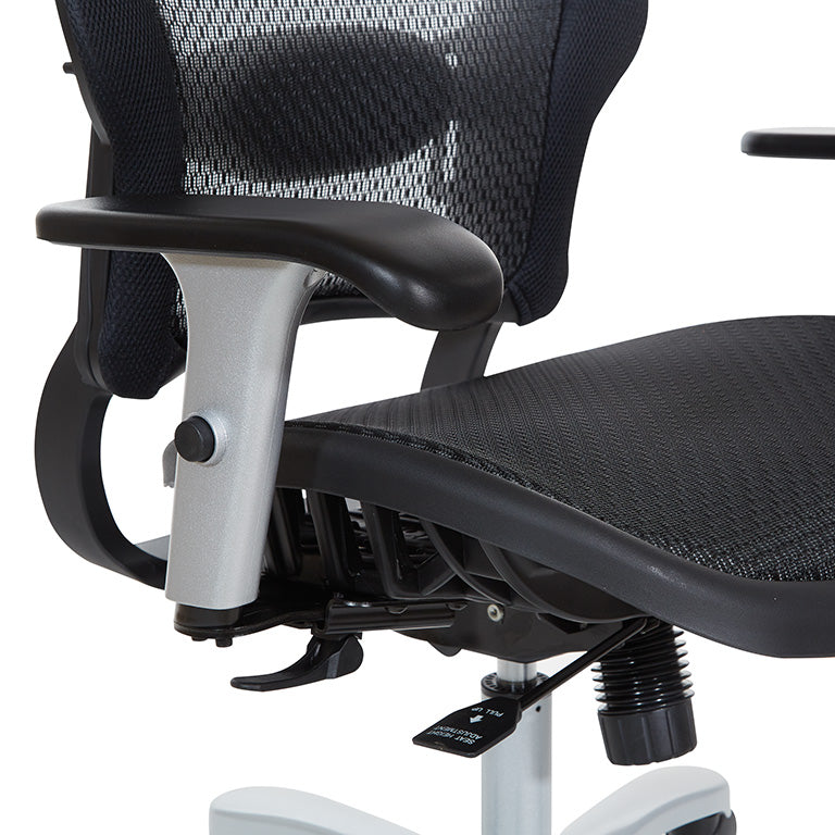 Breathable Mesh Seat and Back, 2-Way Adjustable Arms, Adjustable
Lumbar and Aluminum Silver Base
