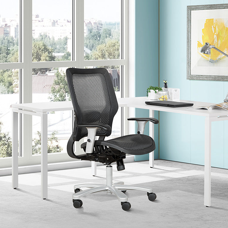 Breathable Mesh Seat and Back, 2-Way Adjustable Arms, Adjustable
Lumbar and Aluminum Silver Base