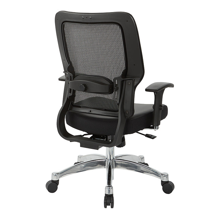 Black Vertical Mesh Back and Black Bonded Leather Seat, Height Adjustable
Chrome Arms, Height & Depth Adjustable Lumbar Support & Polished Aluminum Base