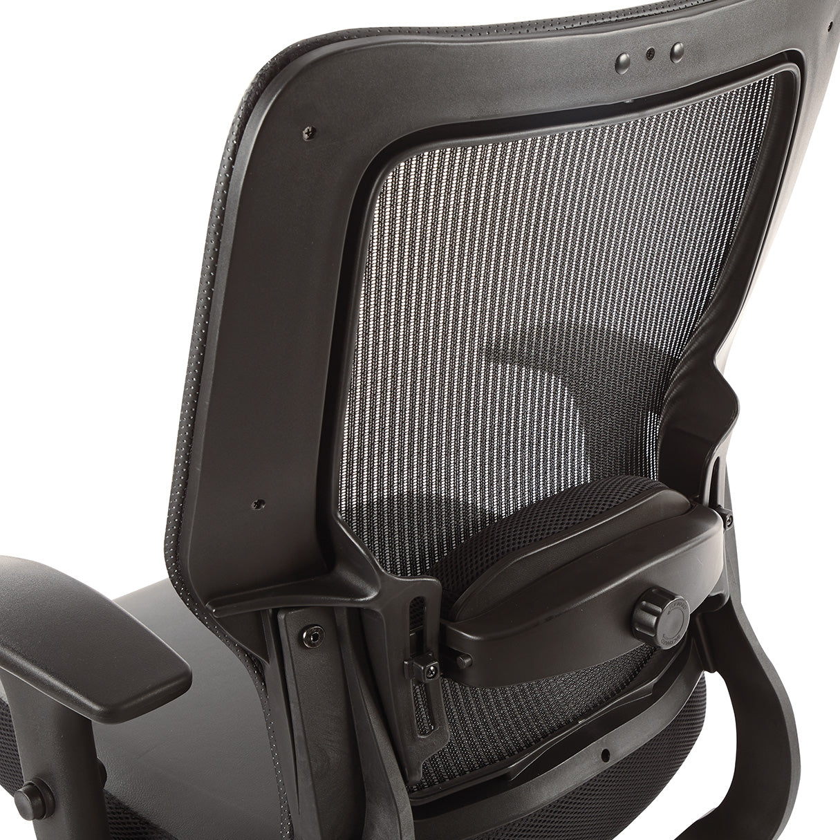 Black Vertical Mesh Back and Black Bonded Leather Seat, Height Adjustable
Chrome Arms, Height & Depth Adjustable Lumbar Support & Polished Aluminum Base
