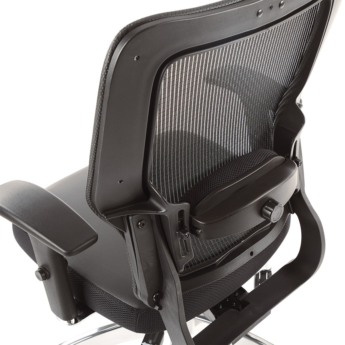 Black Vertical Mesh Back and Black Bonded Leather Seat, Height Adjustable
Chrome Arms, Height & Depth Adjustable Lumbar Support & Polished Aluminum Base