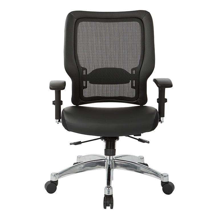 Black Vertical Mesh Back and Black Bonded Leather Seat, Height Adjustable
Chrome Arms, Height & Depth Adjustable Lumbar Support & Polished Aluminum Base