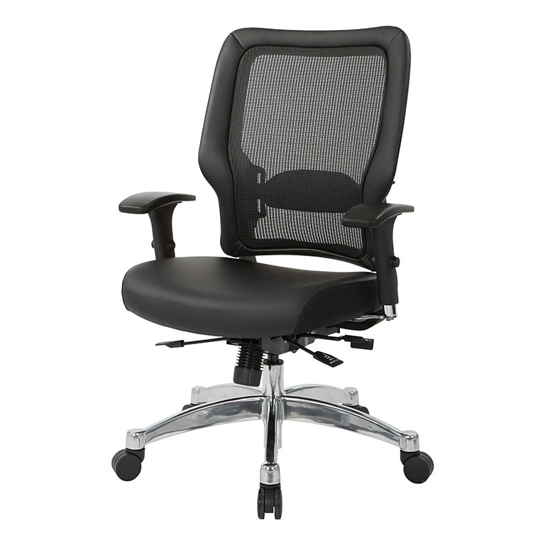 Black Vertical Mesh Back and Black Bonded Leather Seat, Height Adjustable
Chrome Arms, Height & Depth Adjustable Lumbar Support & Polished Aluminum Base