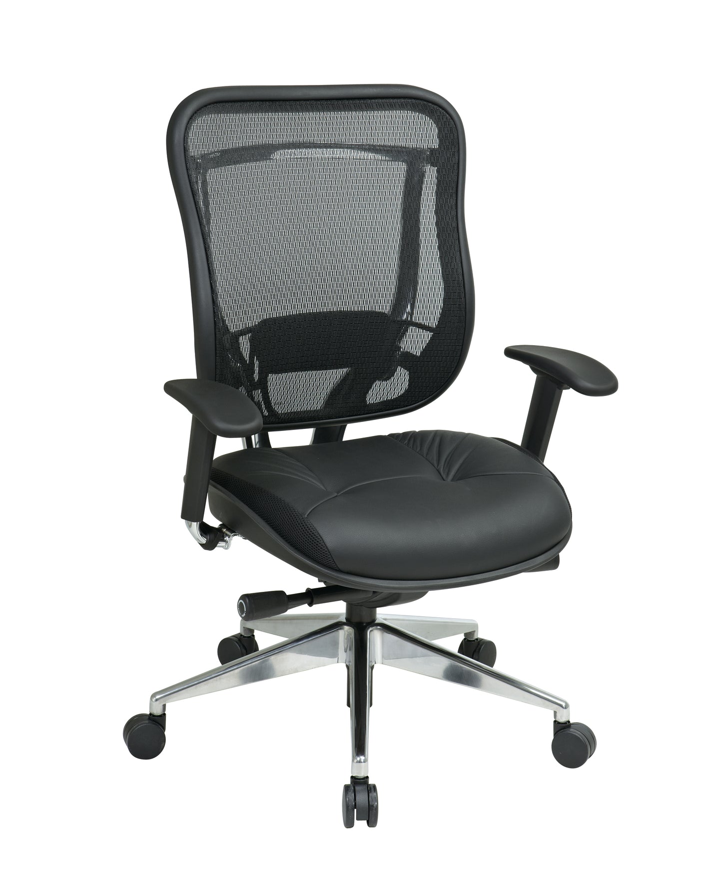 Breathable Mesh Back and Leather Seat Executive Chair with
Adjustable Arms & Lumbar, Seat Slider and Polished Aluminum Finish Base
