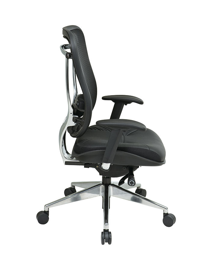 Breathable Mesh Back and Leather Seat Executive Chair with
Adjustable Arms & Lumbar, Seat Slider and Polished Aluminum Finish Base
