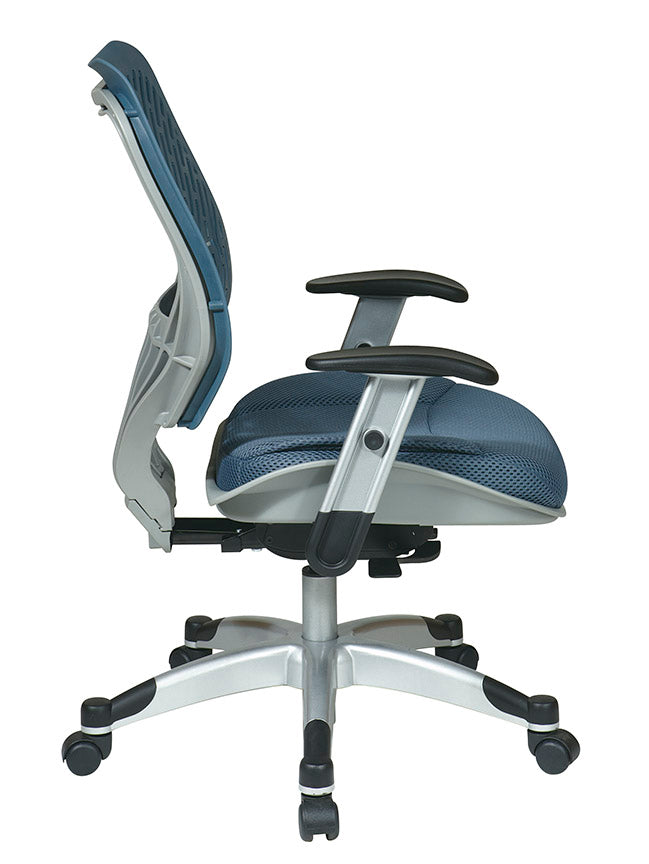 Self Adjusting Blue Mist SpaceFlex® Back and Blue Mist Mesh Seat
Manager’s Chair with Adjustable Arms and Platinum Finish Base