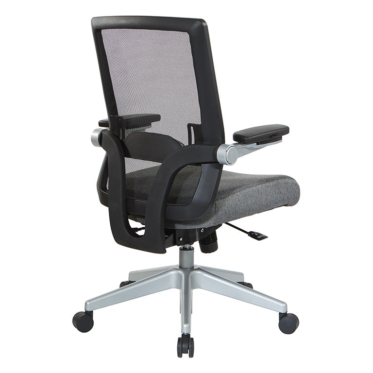 Breathable Mesh Back, 4” Thick Seat,
Height Adjustable Lumbar Support, 3-Way PU Padded Cantilever Adjustable Flip Arms, & Silver Nylon Base