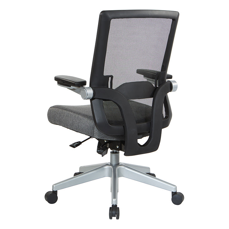 Breathable Mesh Back, 4” Thick Seat,
Height Adjustable Lumbar Support, 3-Way PU Padded Cantilever Adjustable Flip Arms, & Silver Nylon Base