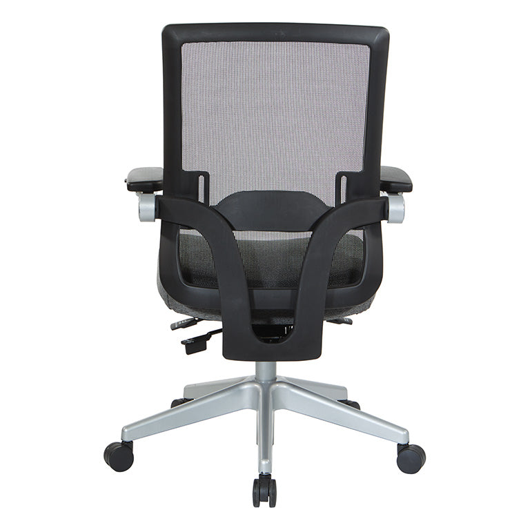 Breathable Mesh Back, 4” Thick Seat,
Height Adjustable Lumbar Support, 3-Way PU Padded Cantilever Adjustable Flip Arms, & Silver Nylon Base