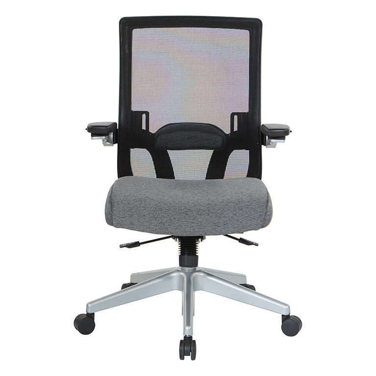 Breathable Mesh Back, 4” Thick Seat,
Height Adjustable Lumbar Support, 3-Way PU Padded Cantilever Adjustable Flip Arms, & Silver Nylon Base