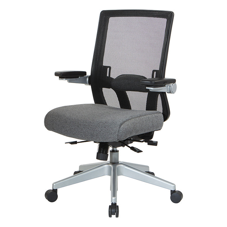 Breathable Mesh Back, 4” Thick Seat,
Height Adjustable Lumbar Support, 3-Way PU Padded Cantilever Adjustable Flip Arms, & Silver Nylon Base