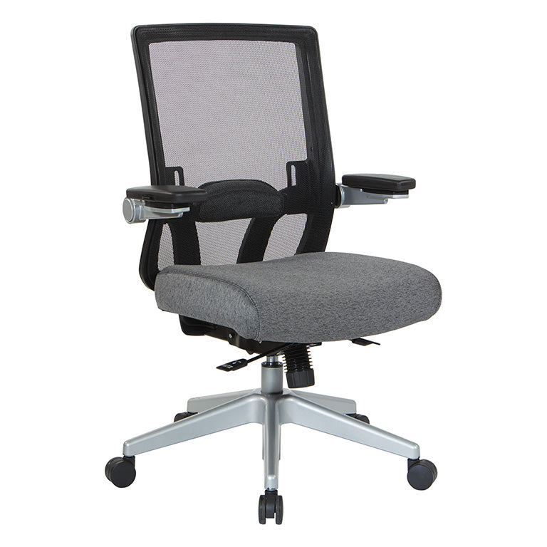 Breathable Mesh Back, 4” Thick Seat,
Height Adjustable Lumbar Support, 3-Way PU Padded Cantilever Adjustable Flip Arms, & Silver Nylon Base
