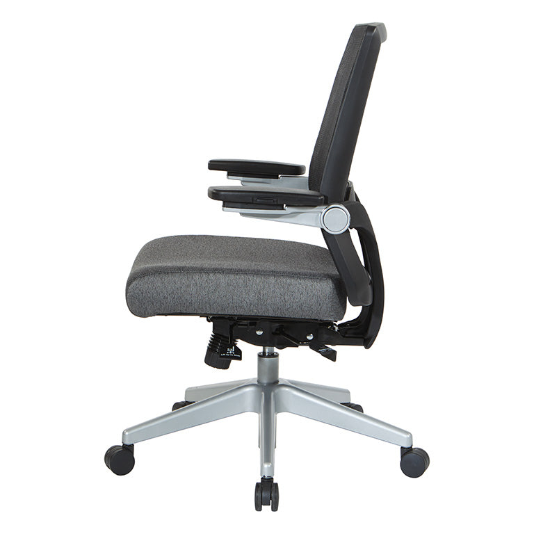 Breathable Mesh Back, 4” Thick Seat,
Height Adjustable Lumbar Support, 3-Way PU Padded Cantilever Adjustable Flip Arms, & Silver Nylon Base