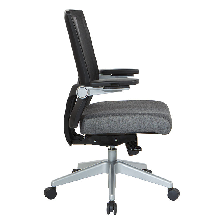 Breathable Mesh Back, 4” Thick Seat,
Height Adjustable Lumbar Support, 3-Way PU Padded Cantilever Adjustable Flip Arms, & Silver Nylon Base