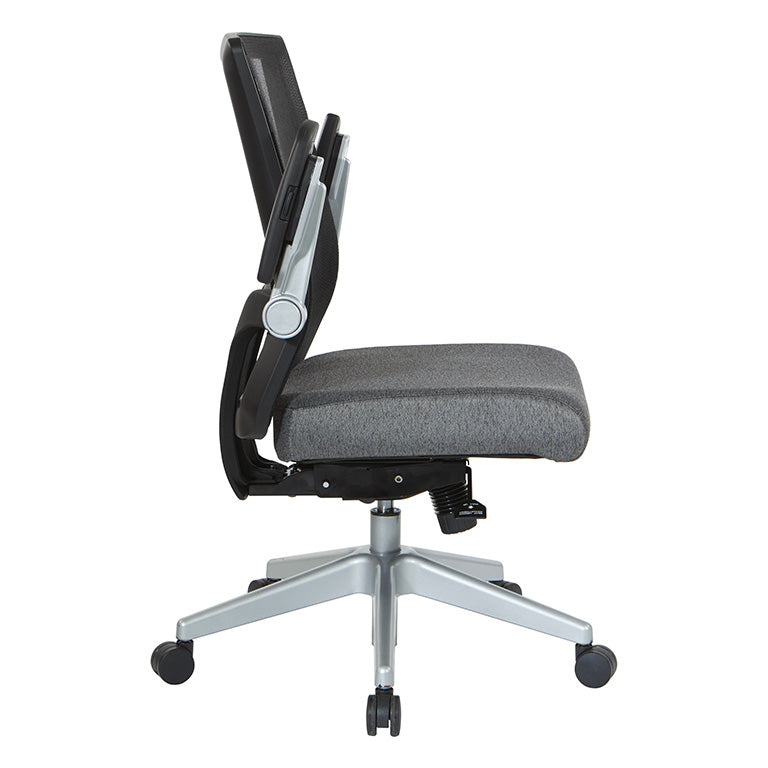Breathable Mesh Back, 4” Thick Seat,
Height Adjustable Lumbar Support, 3-Way PU Padded Cantilever Adjustable Flip Arms, & Silver Nylon Base