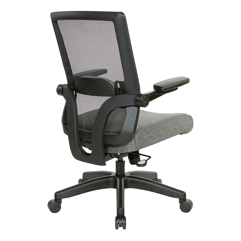 Breathable Mesh Back, 4” Thick Seat, Height
Adjustable Lumbar Support, 3-Way PU Padded Cantilever Adjustable Flip Arms, & Black Nylon Base
