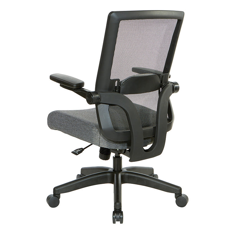 Breathable Mesh Back, 4” Thick Seat, Height
Adjustable Lumbar Support, 3-Way PU Padded Cantilever Adjustable Flip Arms, & Black Nylon Base