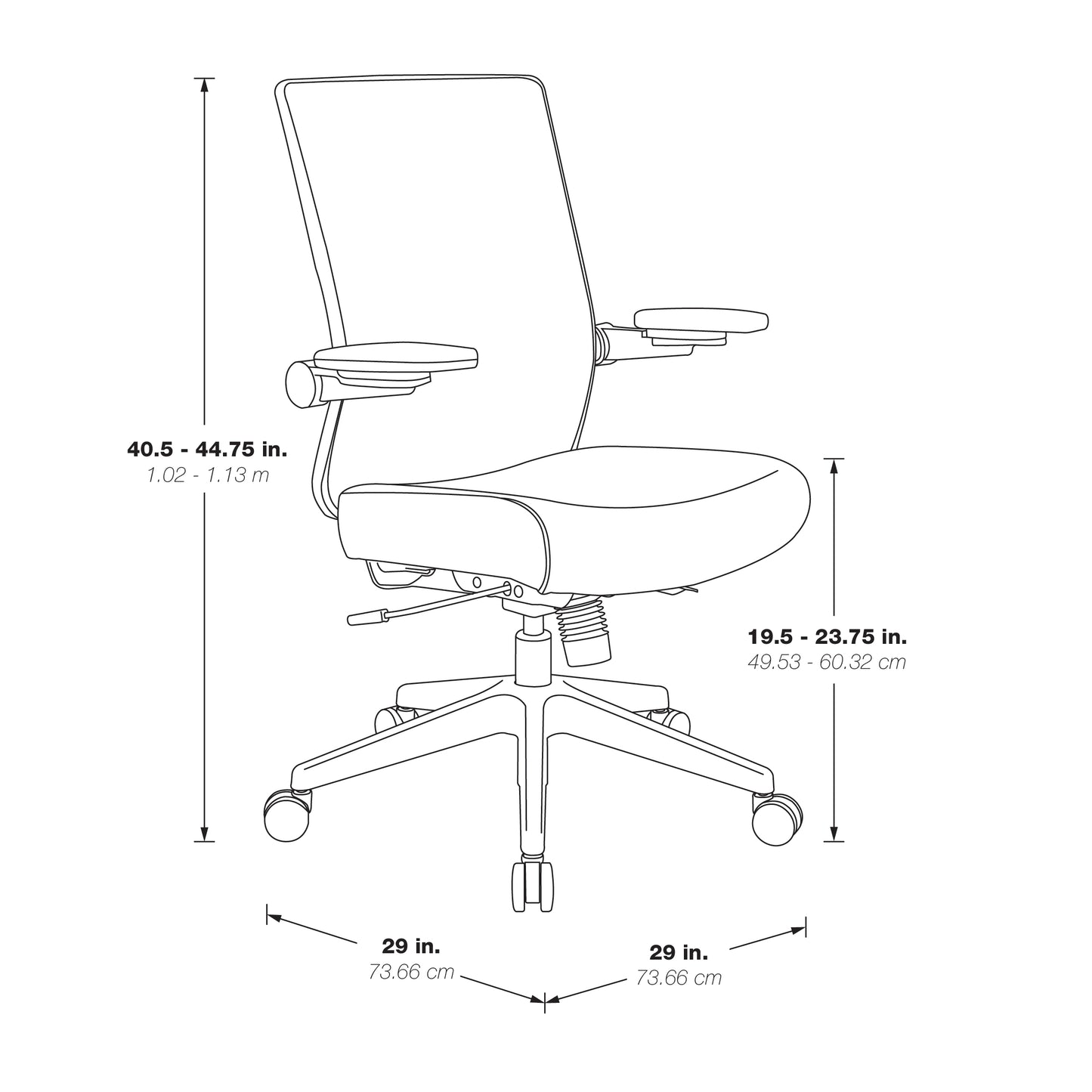 Breathable Mesh Back, 4” Thick Seat, Height
Adjustable Lumbar Support, 3-Way PU Padded Cantilever Adjustable Flip Arms, & Black Nylon Base