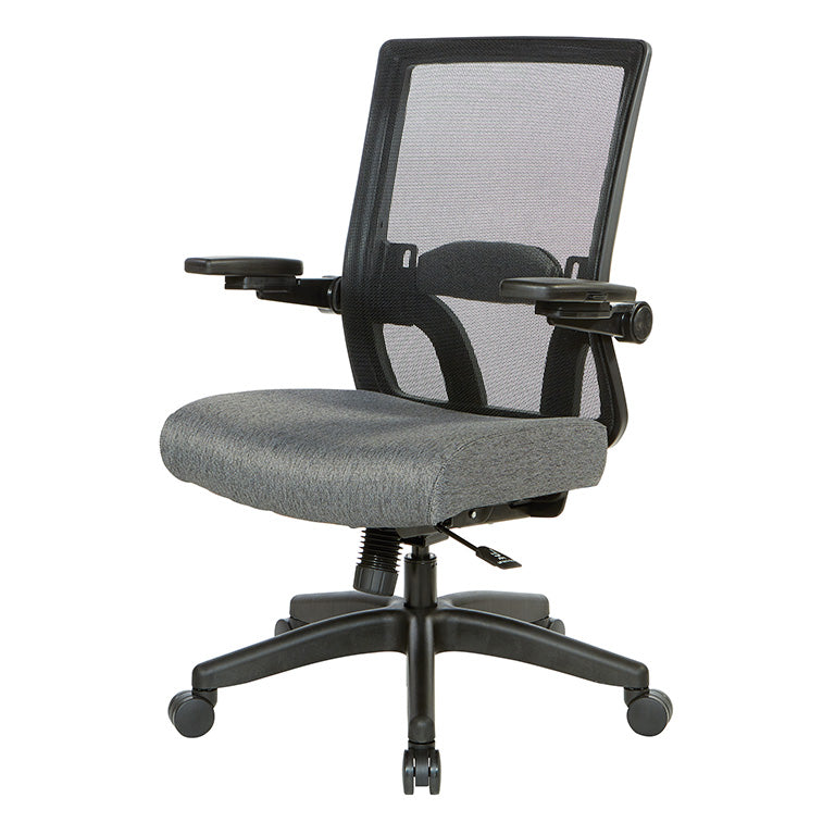 Breathable Mesh Back, 4” Thick Seat, Height
Adjustable Lumbar Support, 3-Way PU Padded Cantilever Adjustable Flip Arms, & Black Nylon Base