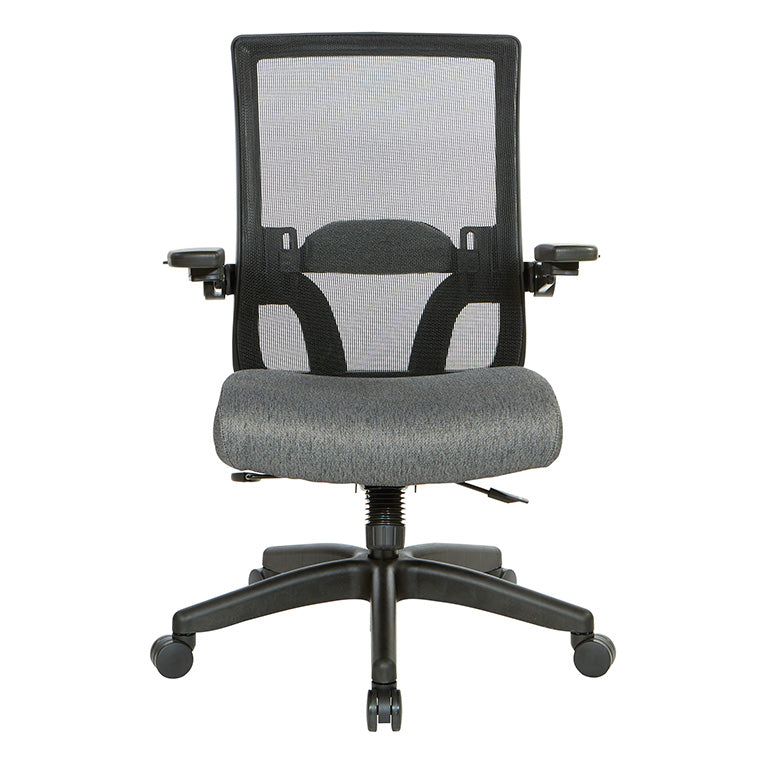 Breathable Mesh Back, 4” Thick Seat, Height
Adjustable Lumbar Support, 3-Way PU Padded Cantilever Adjustable Flip Arms, & Black Nylon Base