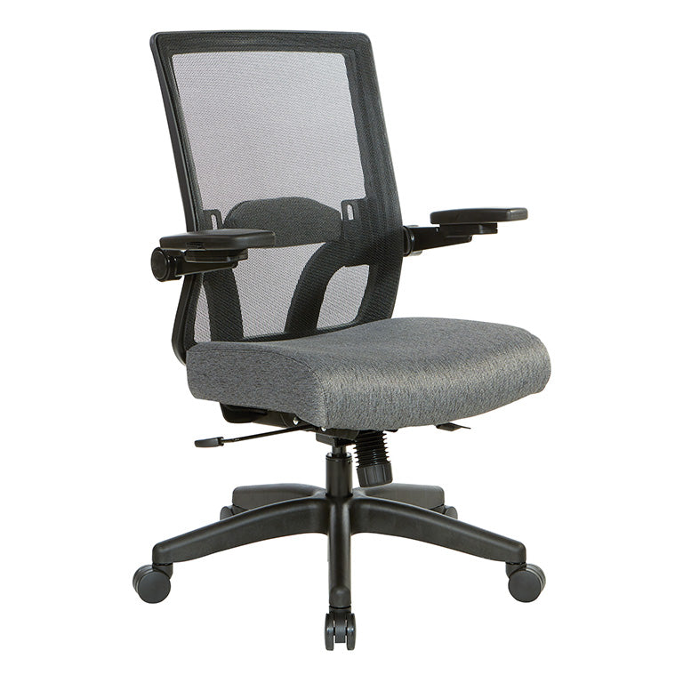 Breathable Mesh Back, 4” Thick Seat, Height
Adjustable Lumbar Support, 3-Way PU Padded Cantilever Adjustable Flip Arms, & Black Nylon Base
