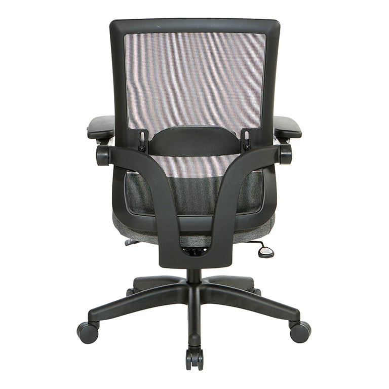 Breathable Mesh Back, 4” Thick Seat, Height
Adjustable Lumbar Support, 3-Way PU Padded Cantilever Adjustable Flip Arms, & Black Nylon Base