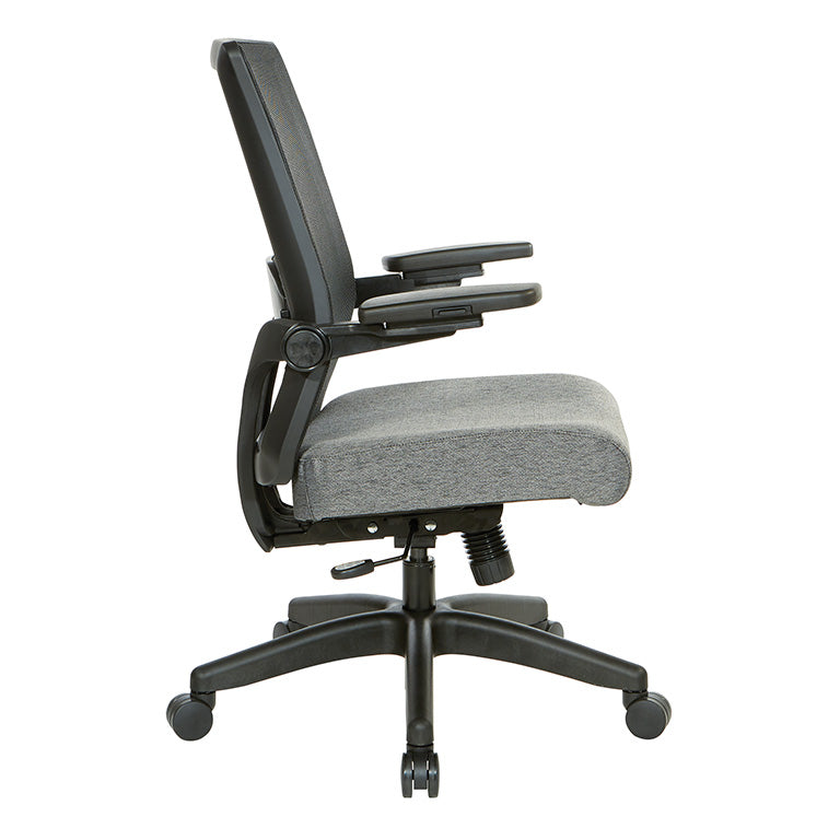 Breathable Mesh Back, 4” Thick Seat, Height
Adjustable Lumbar Support, 3-Way PU Padded Cantilever Adjustable Flip Arms, & Black Nylon Base