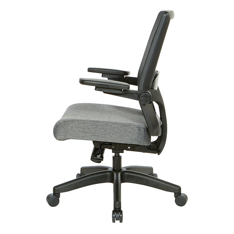 Breathable Mesh Back, 4” Thick Seat, Height
Adjustable Lumbar Support, 3-Way PU Padded Cantilever Adjustable Flip Arms, & Black Nylon Base