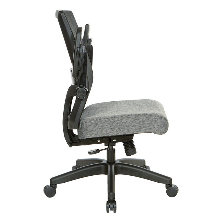 Breathable Mesh Back, 4” Thick Seat, Height
Adjustable Lumbar Support, 3-Way PU Padded Cantilever Adjustable Flip Arms, & Black Nylon Base