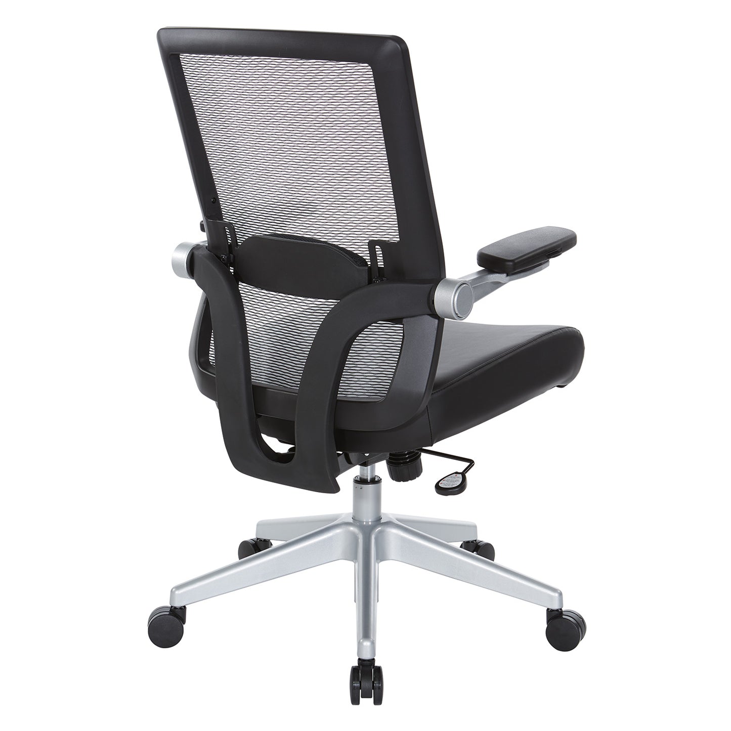 Breathable Mesh Back, 4” Thick Bonded Leather Seat, Height Adjustable
Lumbar Support, 3-Way PU Padded Cantilever Adjustable Flip Arms, & Silver Nylon Base