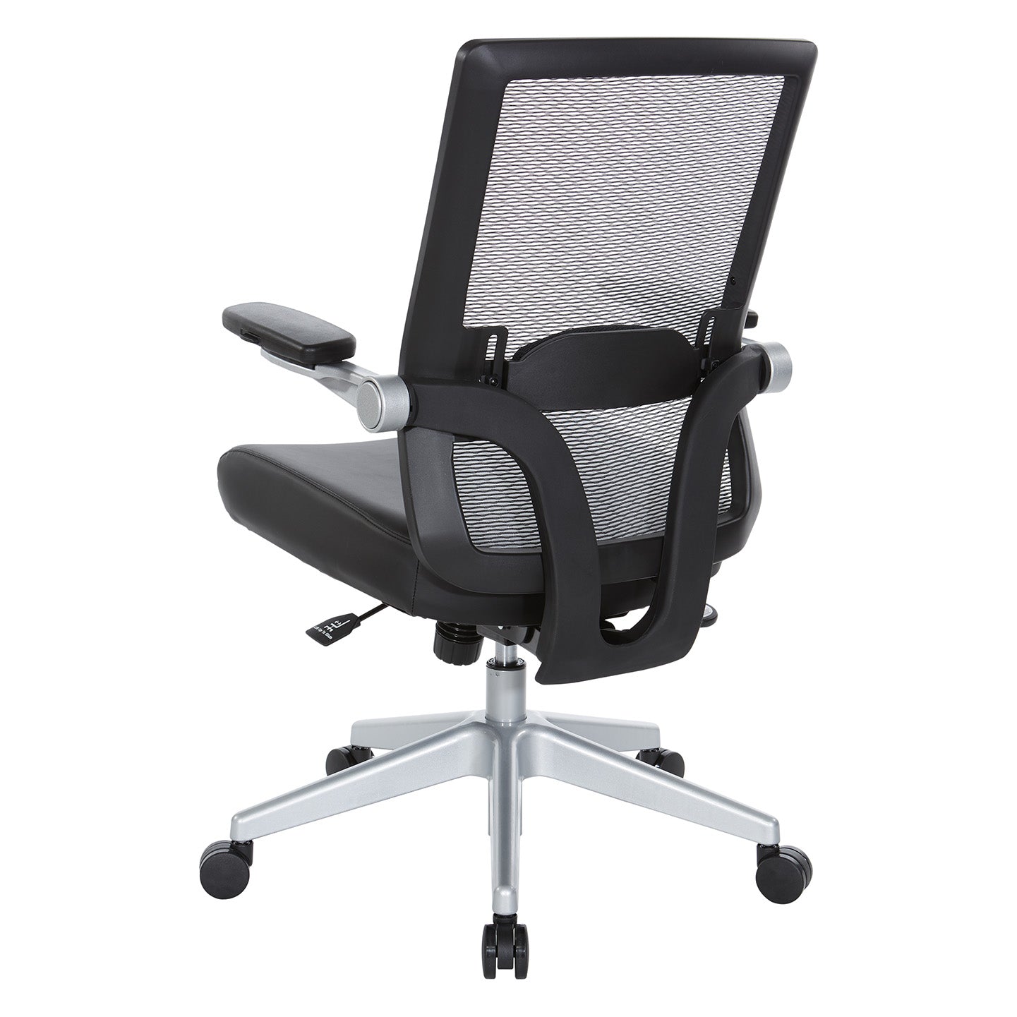 Breathable Mesh Back, 4” Thick Bonded Leather Seat, Height Adjustable
Lumbar Support, 3-Way PU Padded Cantilever Adjustable Flip Arms, & Silver Nylon Base
