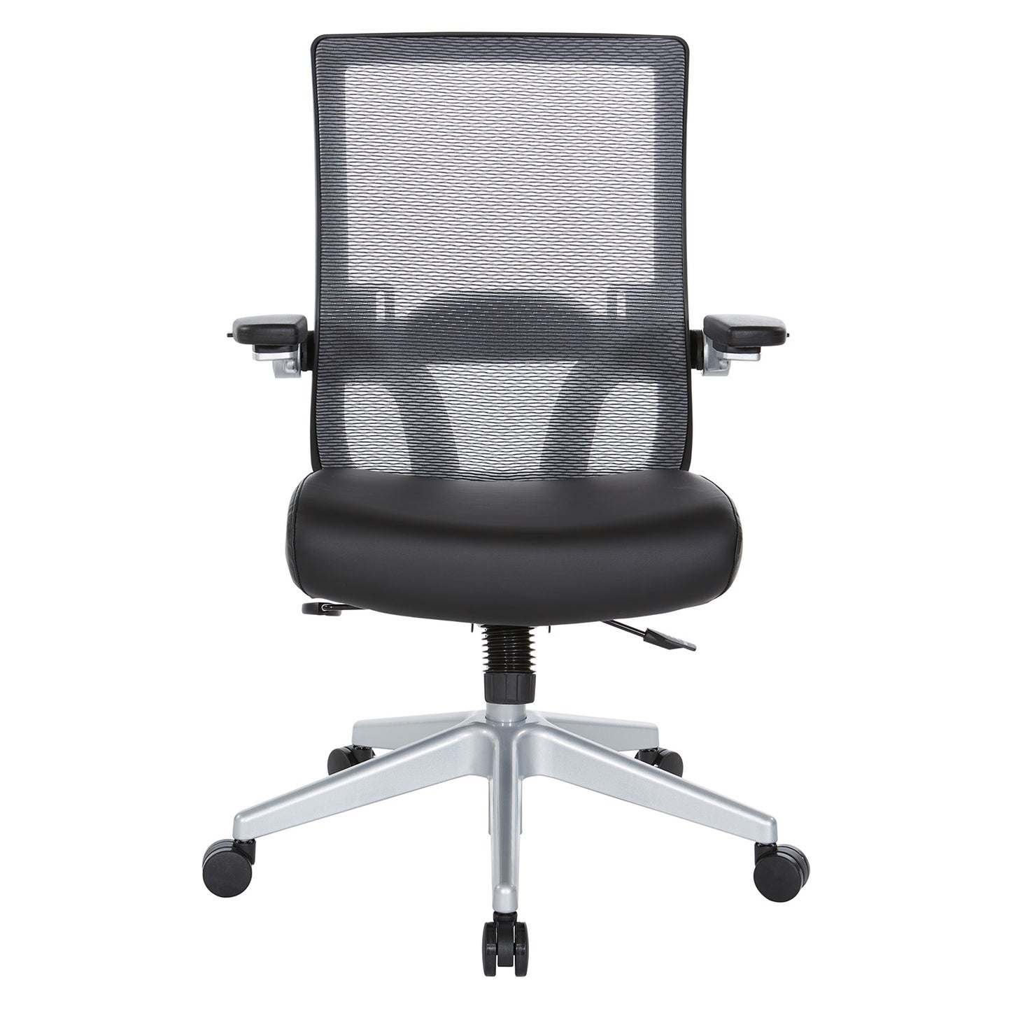 Breathable Mesh Back, 4” Thick Bonded Leather Seat, Height Adjustable
Lumbar Support, 3-Way PU Padded Cantilever Adjustable Flip Arms, & Silver Nylon Base