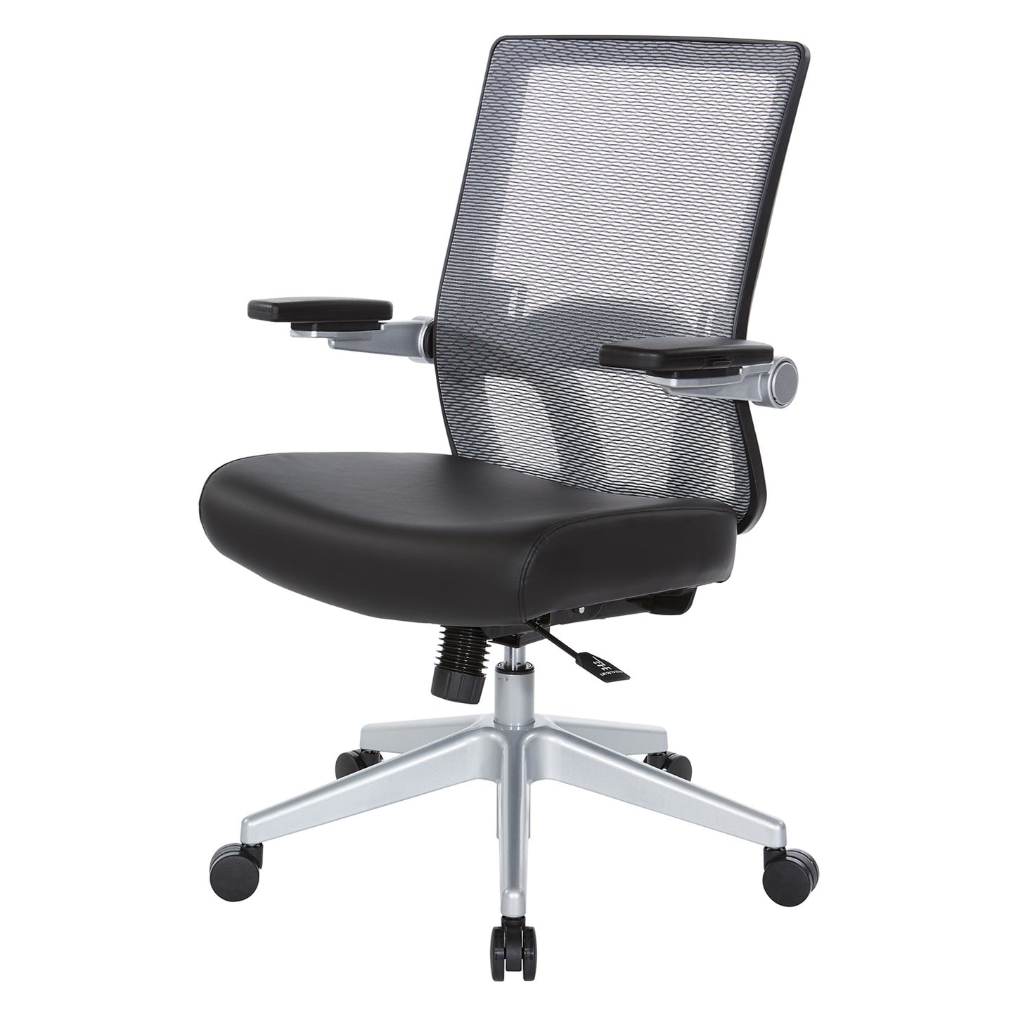 Breathable Mesh Back, 4” Thick Bonded Leather Seat, Height Adjustable
Lumbar Support, 3-Way PU Padded Cantilever Adjustable Flip Arms, & Silver Nylon Base