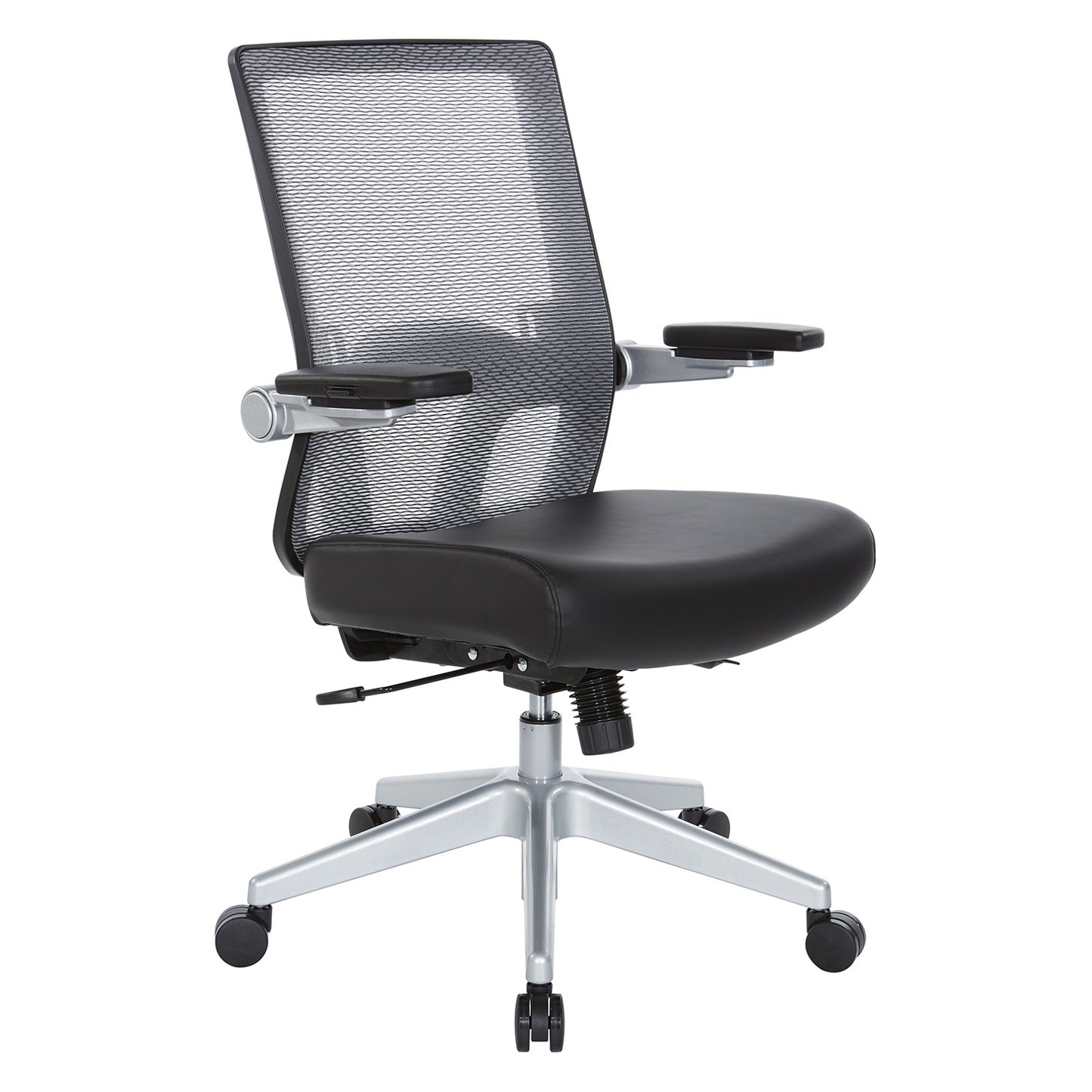 Breathable Mesh Back, 4” Thick Bonded Leather Seat, Height Adjustable
Lumbar Support, 3-Way PU Padded Cantilever Adjustable Flip Arms, & Silver Nylon Base