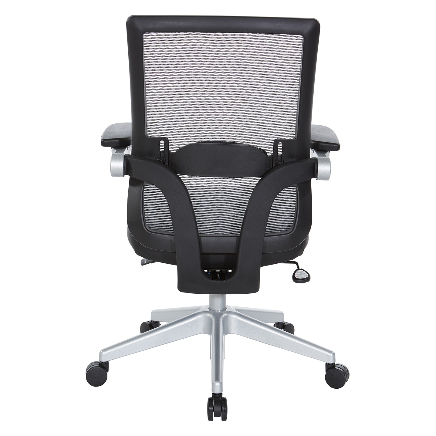 Breathable Mesh Back, 4” Thick Bonded Leather Seat, Height Adjustable
Lumbar Support, 3-Way PU Padded Cantilever Adjustable Flip Arms, & Silver Nylon Base