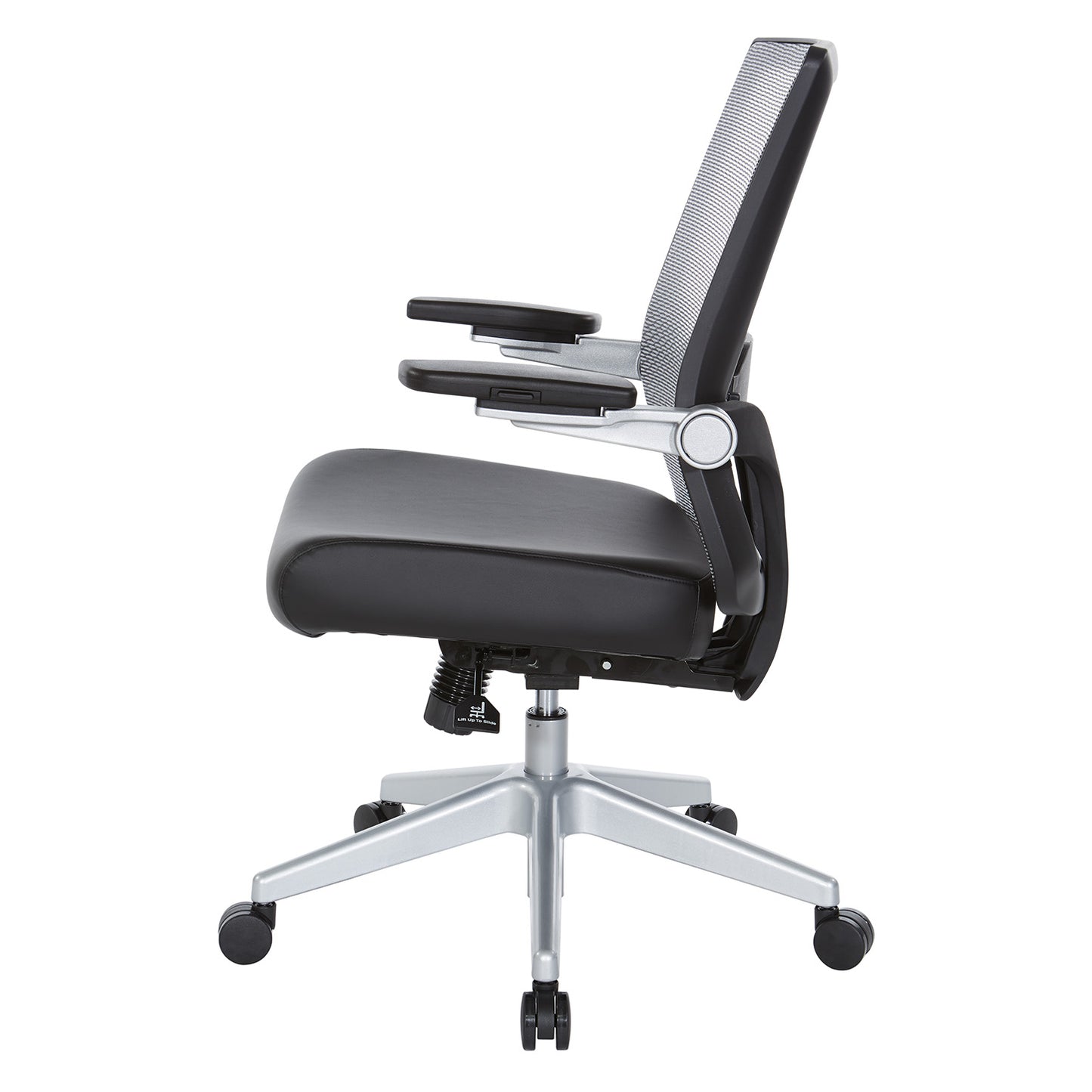Breathable Mesh Back, 4” Thick Bonded Leather Seat, Height Adjustable
Lumbar Support, 3-Way PU Padded Cantilever Adjustable Flip Arms, & Silver Nylon Base