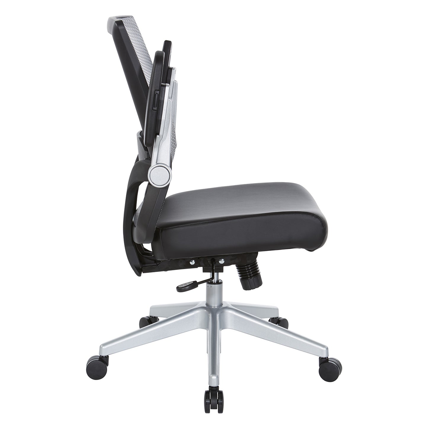 Breathable Mesh Back, 4” Thick Bonded Leather Seat, Height Adjustable
Lumbar Support, 3-Way PU Padded Cantilever Adjustable Flip Arms, & Silver Nylon Base