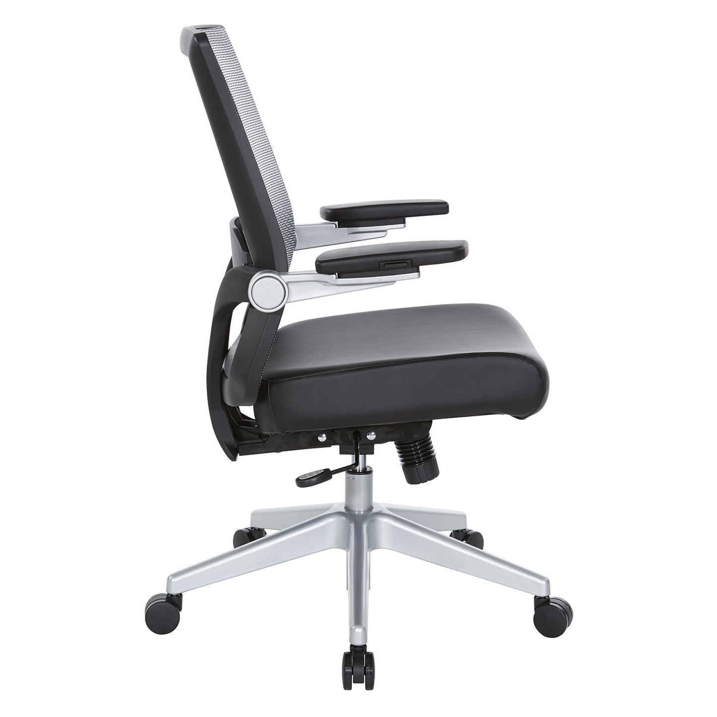 Breathable Mesh Back, 4” Thick Bonded Leather Seat, Height Adjustable
Lumbar Support, 3-Way PU Padded Cantilever Adjustable Flip Arms, & Silver Nylon Base