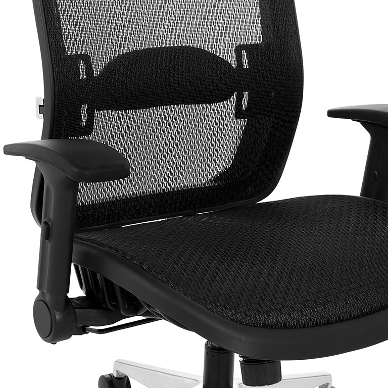 Black Matrix Seat and Back, Height Adjustable Lumbar Support, Adjustable
Flip Arms with Polished Aluminum Back Support and Base
