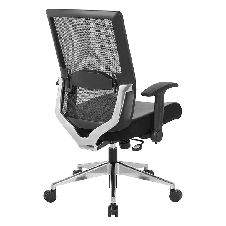 Black Matrix Back, Bonded Leather Seat, Height Adjustable Lumbar
Support, Adjustable Flip Arms with Polished Aluminum Back Support and Base